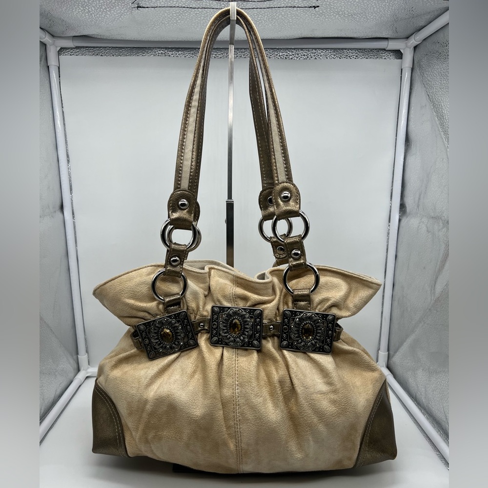KATHY VAN ZEELAND Vintage Y2K Beige Fabric Metallic Accents Ruched Shoulder Bag